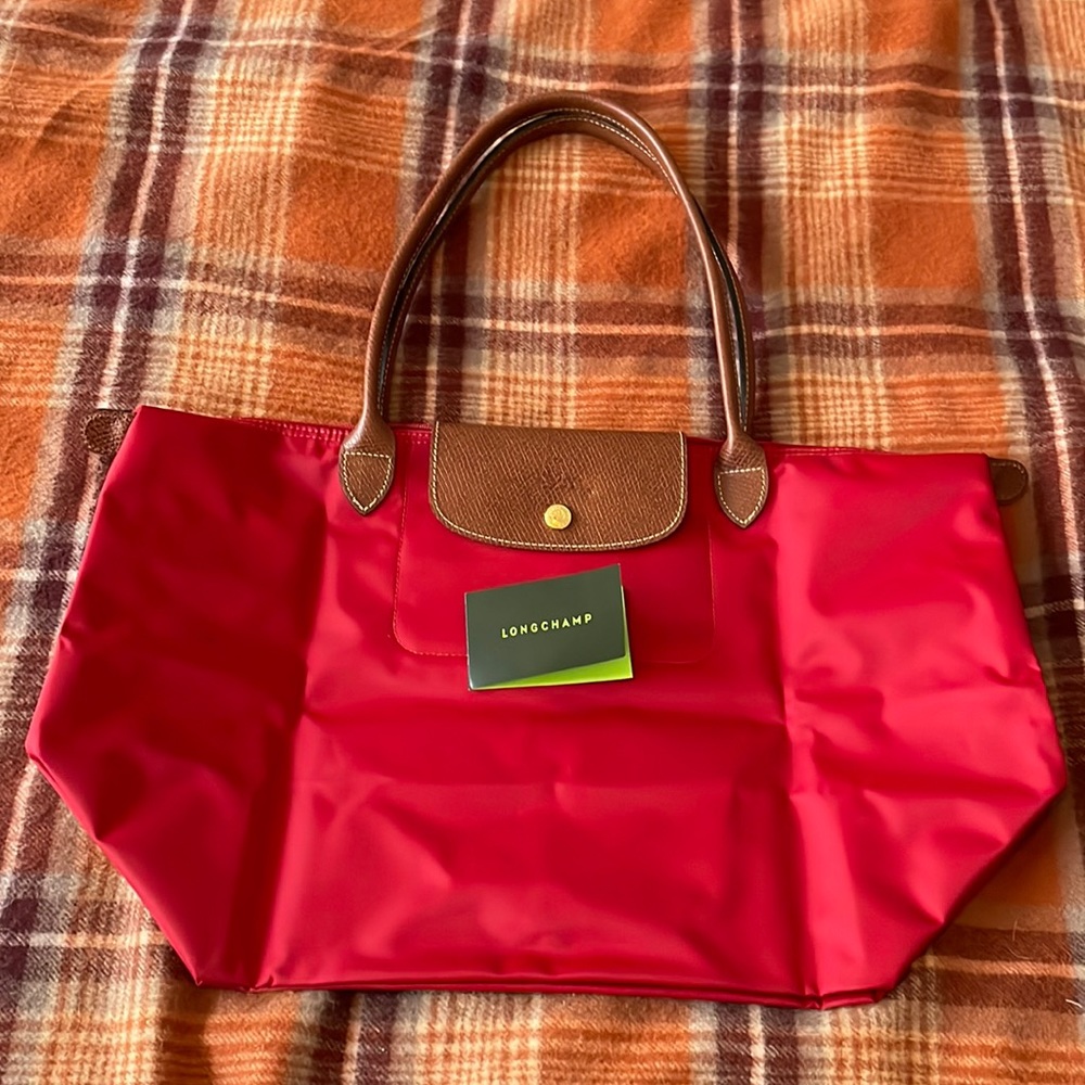 Longchamp Le Pliage Medium - Red with Brown Leather